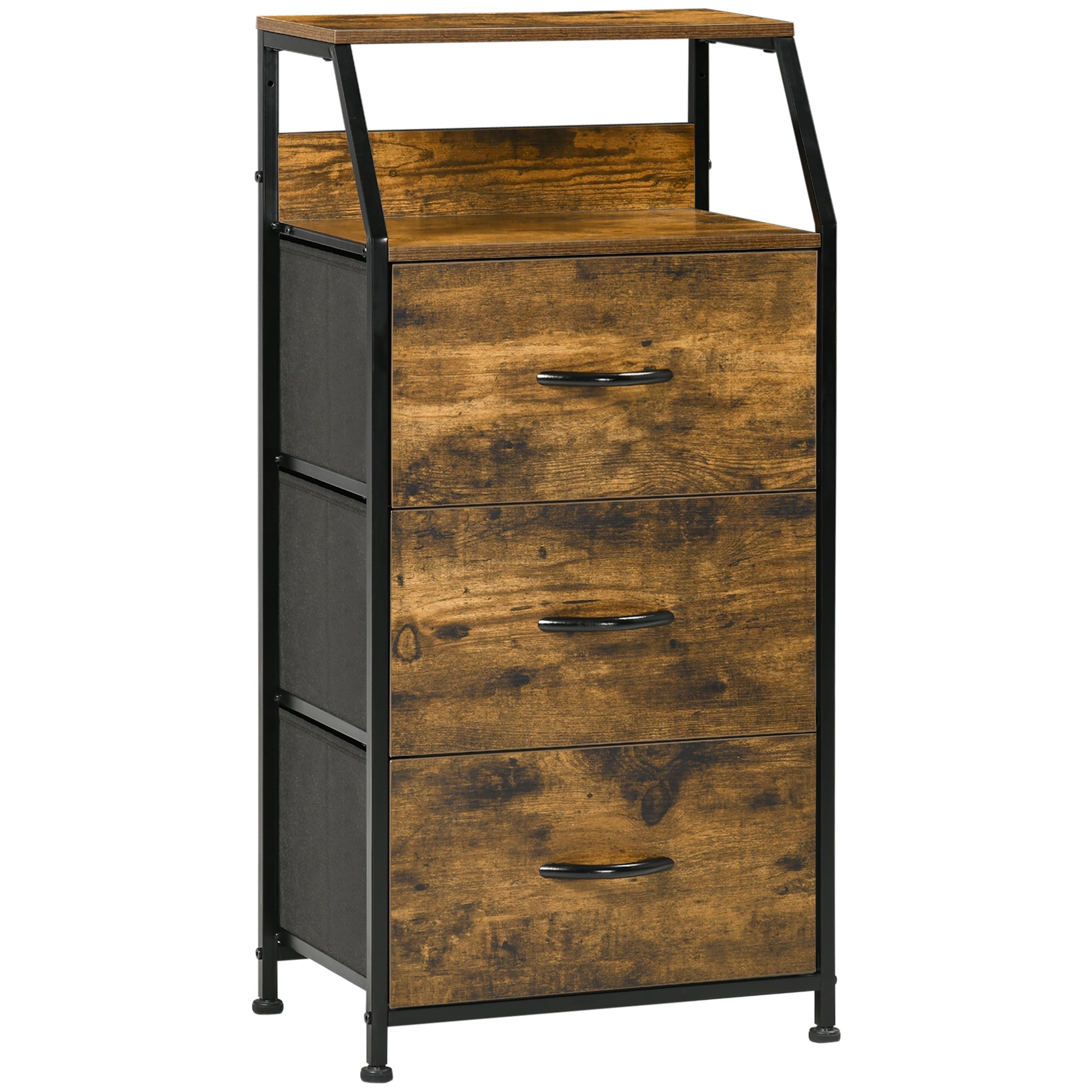Industrial Storage Cabinet with Shelves & 3 Fabric Drawers for Living Room, Rustic Brown