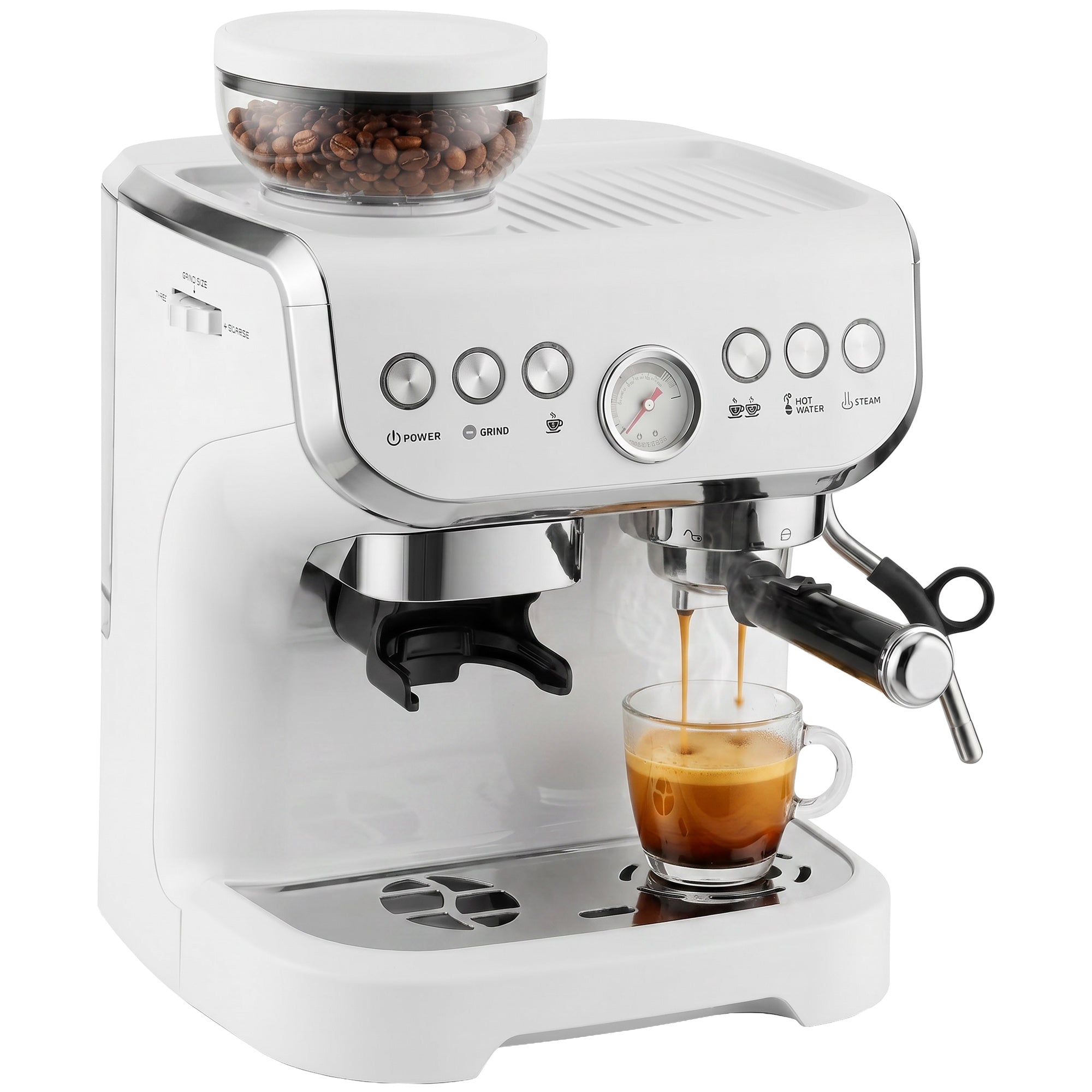 Bean-to-Cup Espresso Machine with Integrated Grinder & Steam Wand, 15 Bar Pump, 2L Tank, Stainless Steel, White