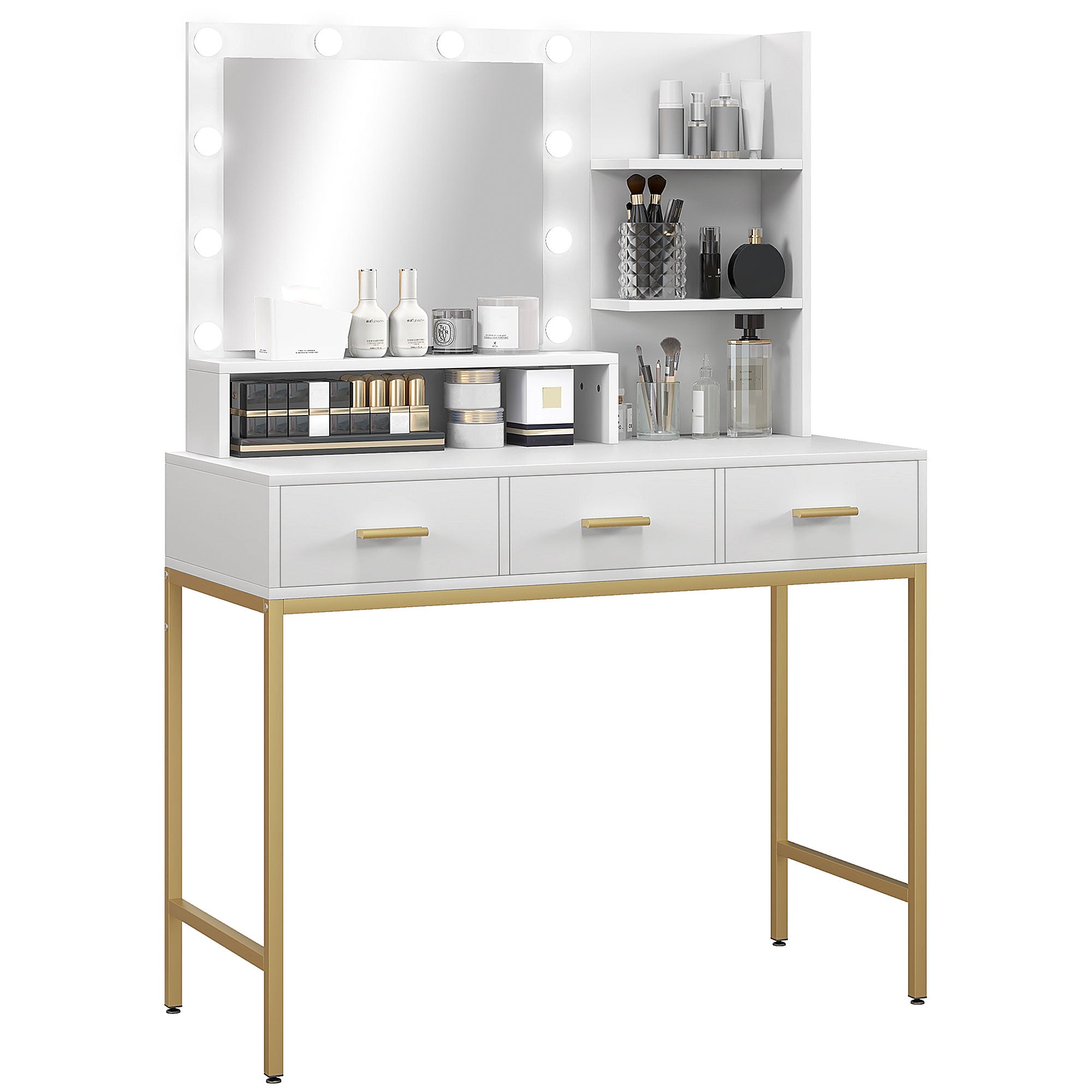 Illuminated Dressing Table, LED Vanity Table with Mirror, 3 Drawers & Storage Shelves, White