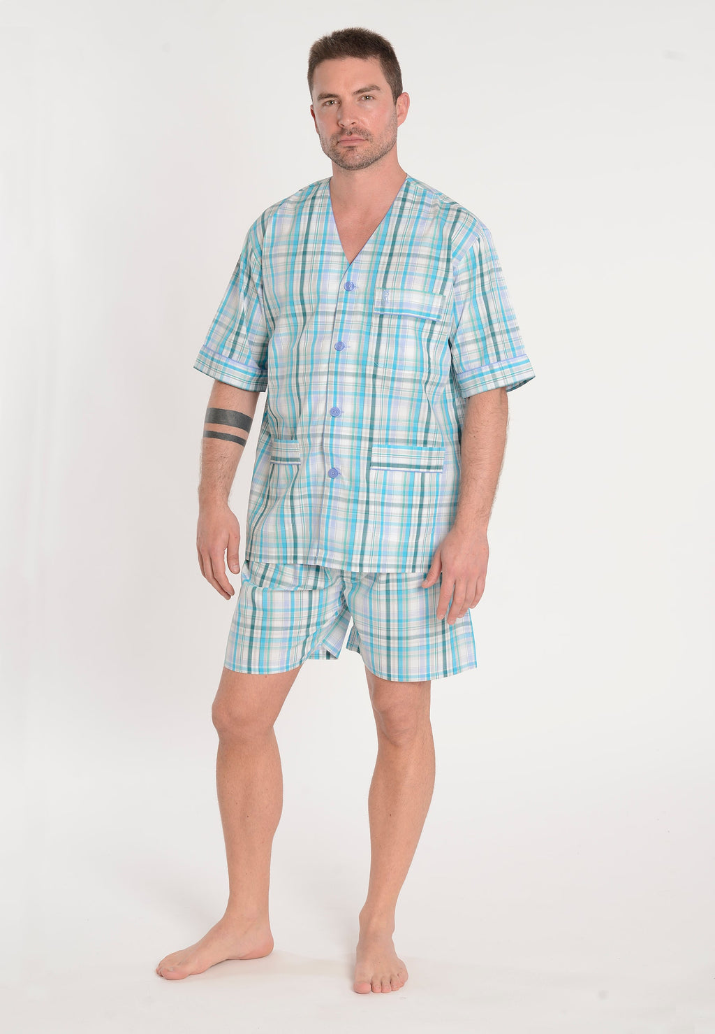 Pijama Hombre Verano Corto Judo Algodón Popelín Cuadros - Azul 4011_40