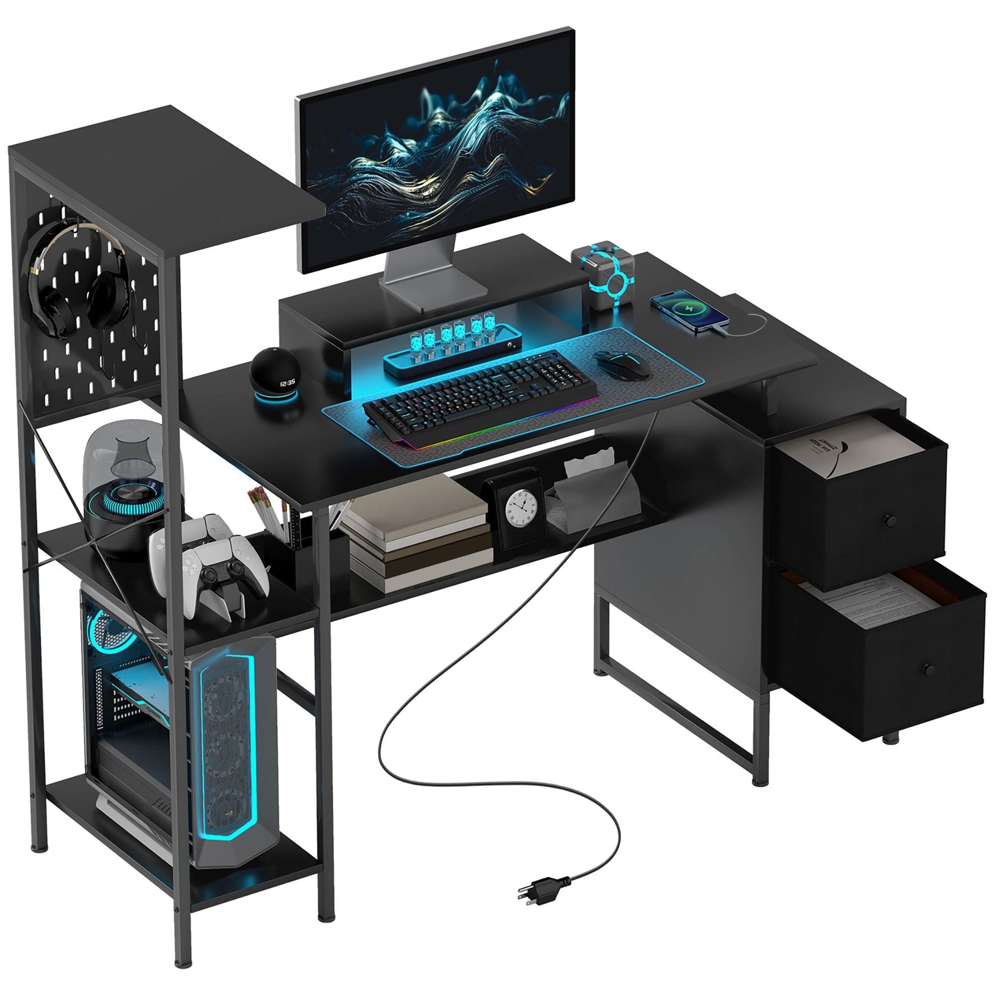 56" Gaming Desk w/ 2 CPU Stands, Pegboard, Power Outlets &  LED Lights, Black