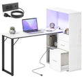 54" Computer Desk with Drawers, Power Outlets & LED Lights, File Drawer and Open Shelves, White