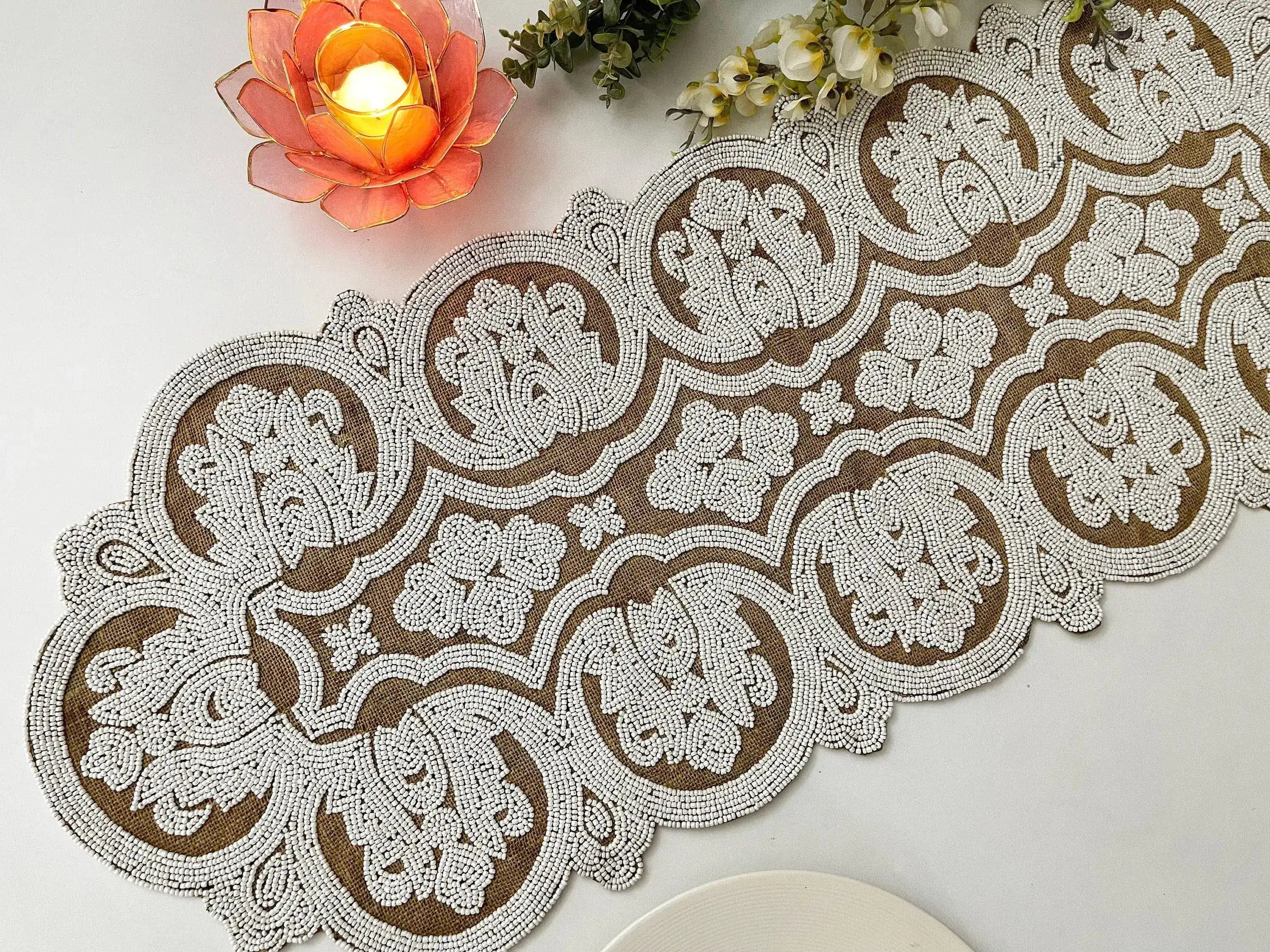 Jessica Pearl Beaded Burlap Table Runner