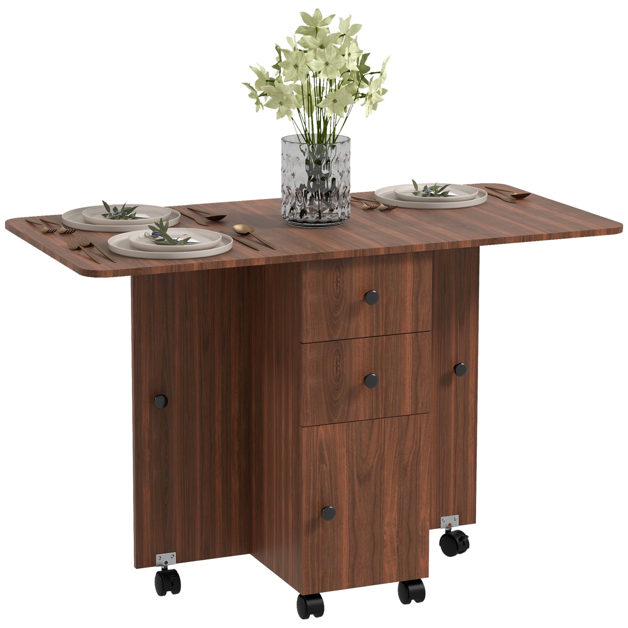 Foldable Dining Table, Rolling Kitchen Table with Storage Drawers & Cabinet, Drop Leaf Table on Wheels, Brown