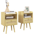 Bedside Tables Set of 2, Boho Styled Nightstand with Rattan Accent, Natural Wood Finish