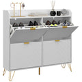 Narrow Shoe Cabinet w/ 4 Flip Drawers, Tabletop, Hairpin Legs and 4 Vents for Entryway, White