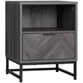 Nightstand with Drawer & Open Shelf, Square Side End Table with Steel Legs, Dark Grey