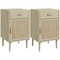 Boho Nightstands Set of 2, Rattan End Tables w/ Drawer, Cabinet & Adjustable Shelf, Oak
