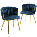 Velvet-Feel Dining Chairs Set of 2 with Woven Backrest and Armrests, Dark Blue