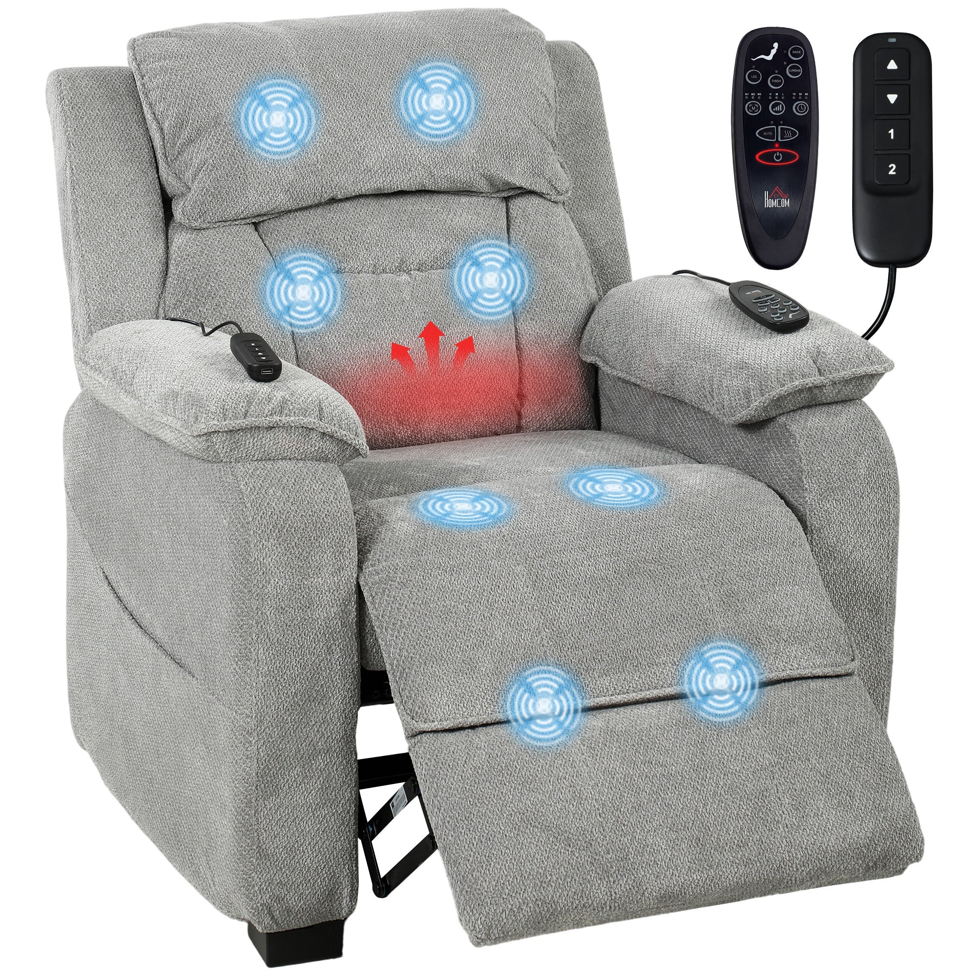 Power Recliner Armchair with Massage & Heat, Wide Spring Seat, Memory Function, USB Port & Side Pockets, Light Grey