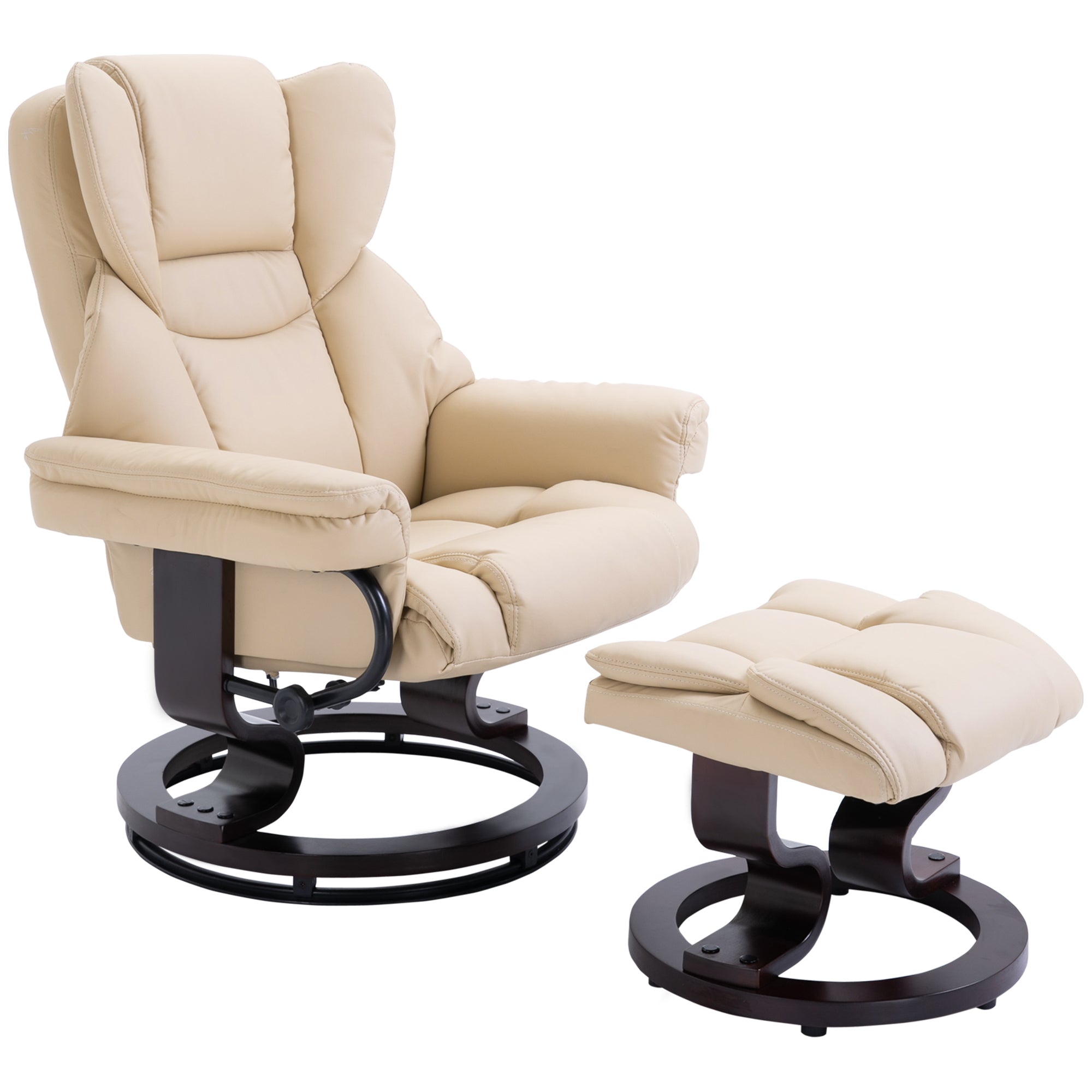Faux Leather Swivel Recliner Chair and Footstool with Solid Wood Base, Cream