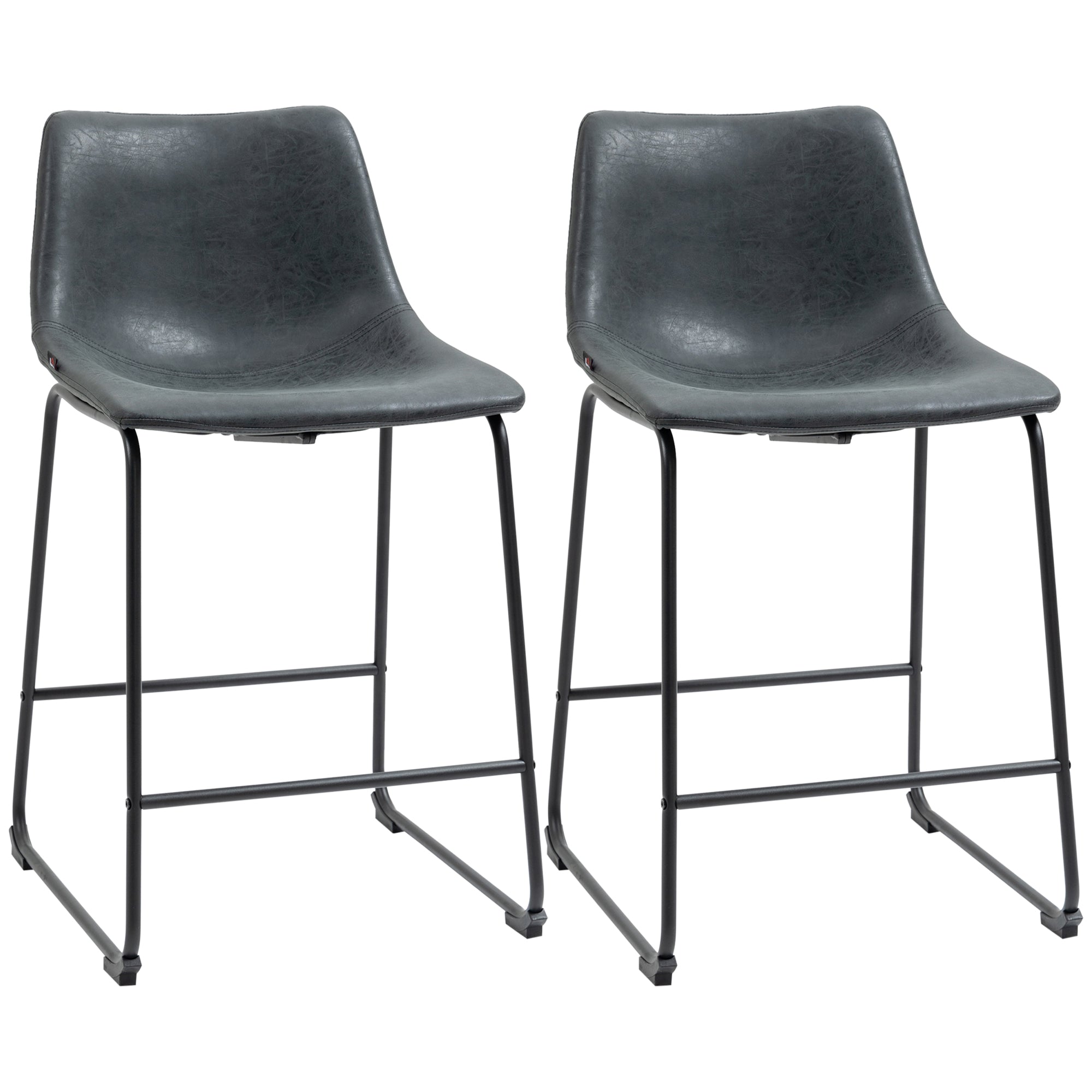 Set of 2 Vintage PU Leather Bar Stools with Footrest for Kitchen, Black