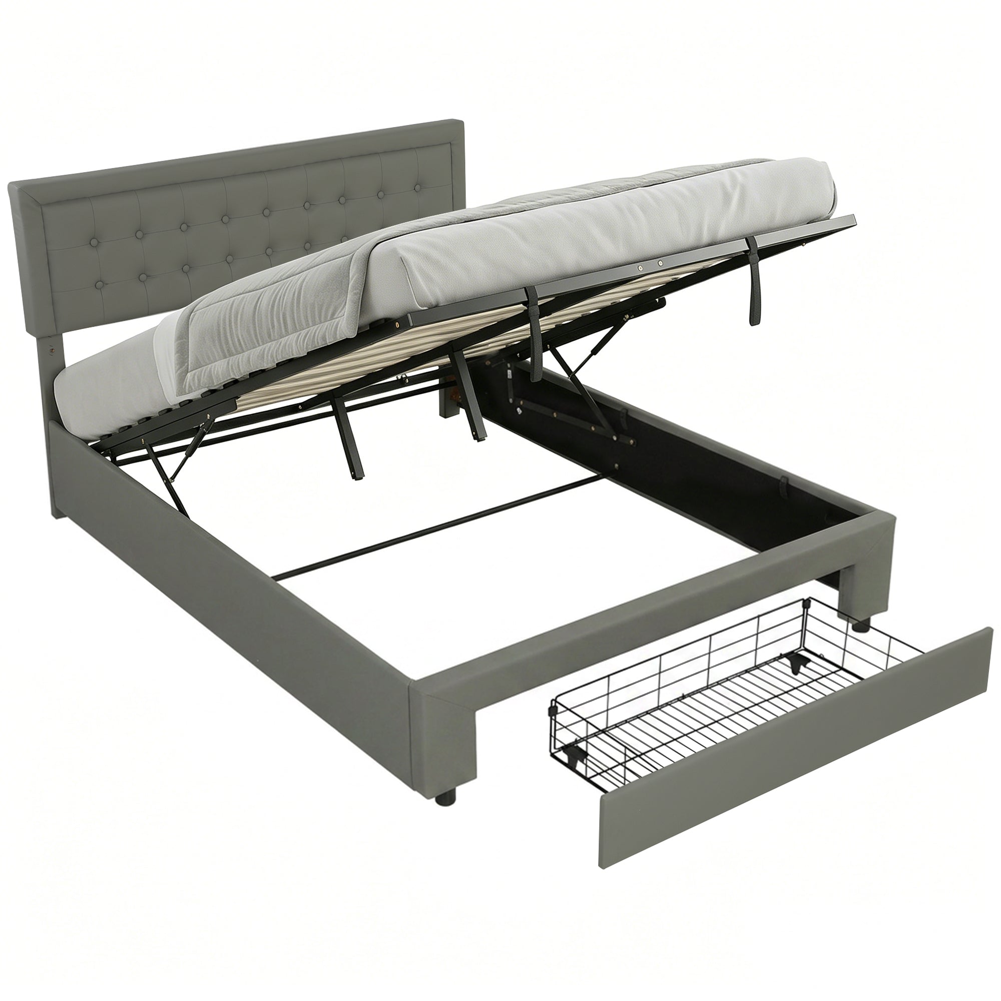 5ft King Ottoman Bed with Gas Lift Storage Drawer and Adjustable Headboard, Grey