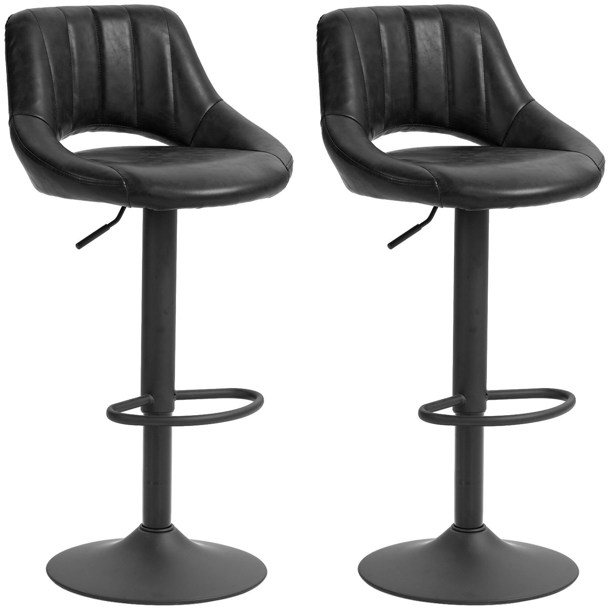 Set of 2 Adjustable Faux Leather Swivel Bar Stools with Round Metal Base, Black