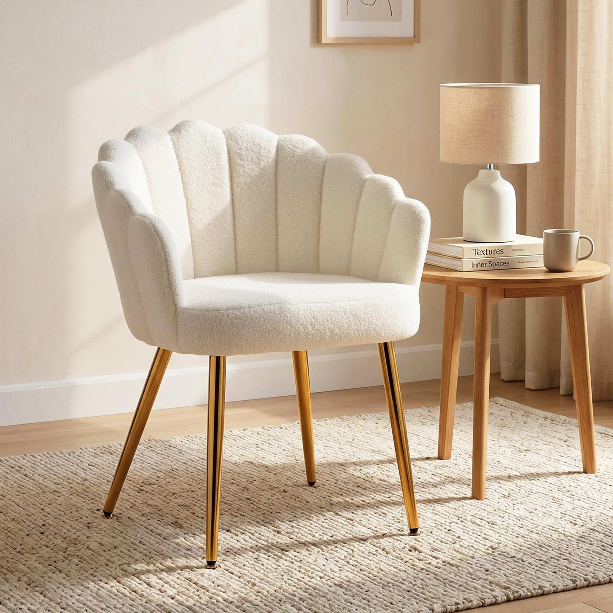 Petal-Back Accent Chair with Faux Lamb Wool, Metal Legs & Adjustable Feet, Cream