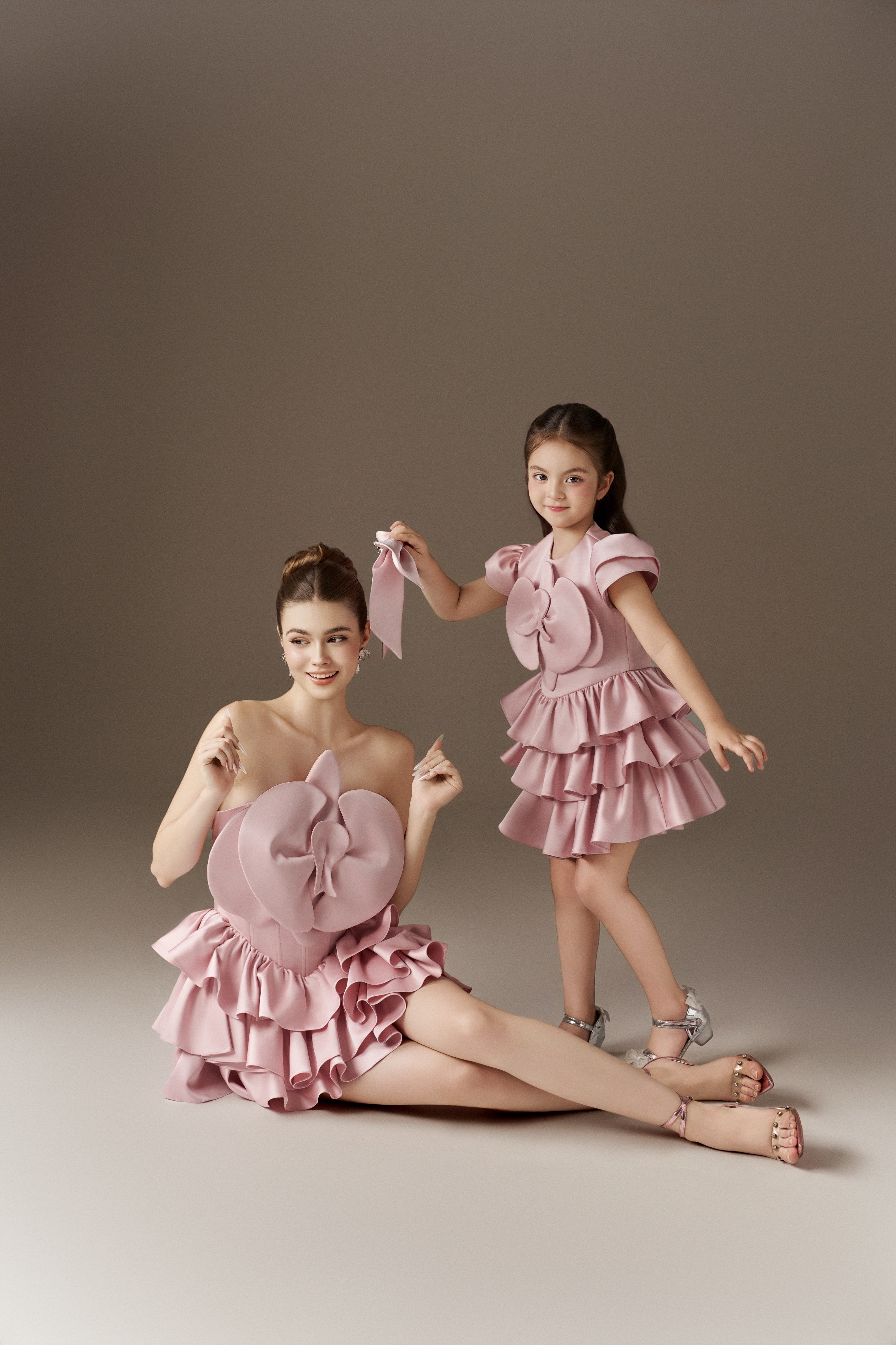 Rosabelle Taffeta Ruffle Layered Mom and Me Matching Dresses With 3D Flower