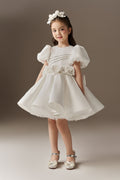 Pretty Floral Taffeta Puff Sleeves Kids Dress With Floral Headband
