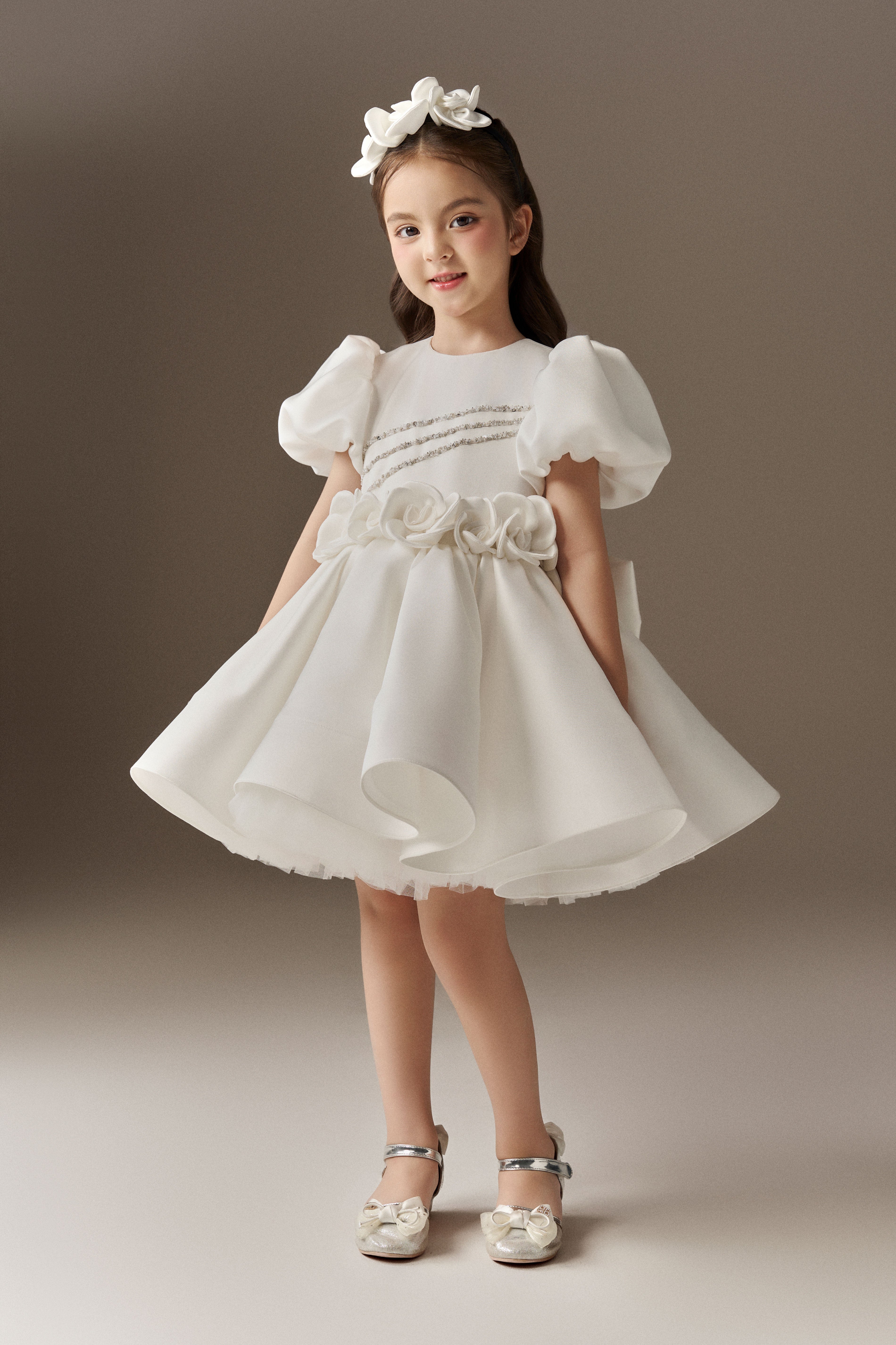Pretty Floral Taffeta Puff Sleeves Kids Dress With Floral Headband