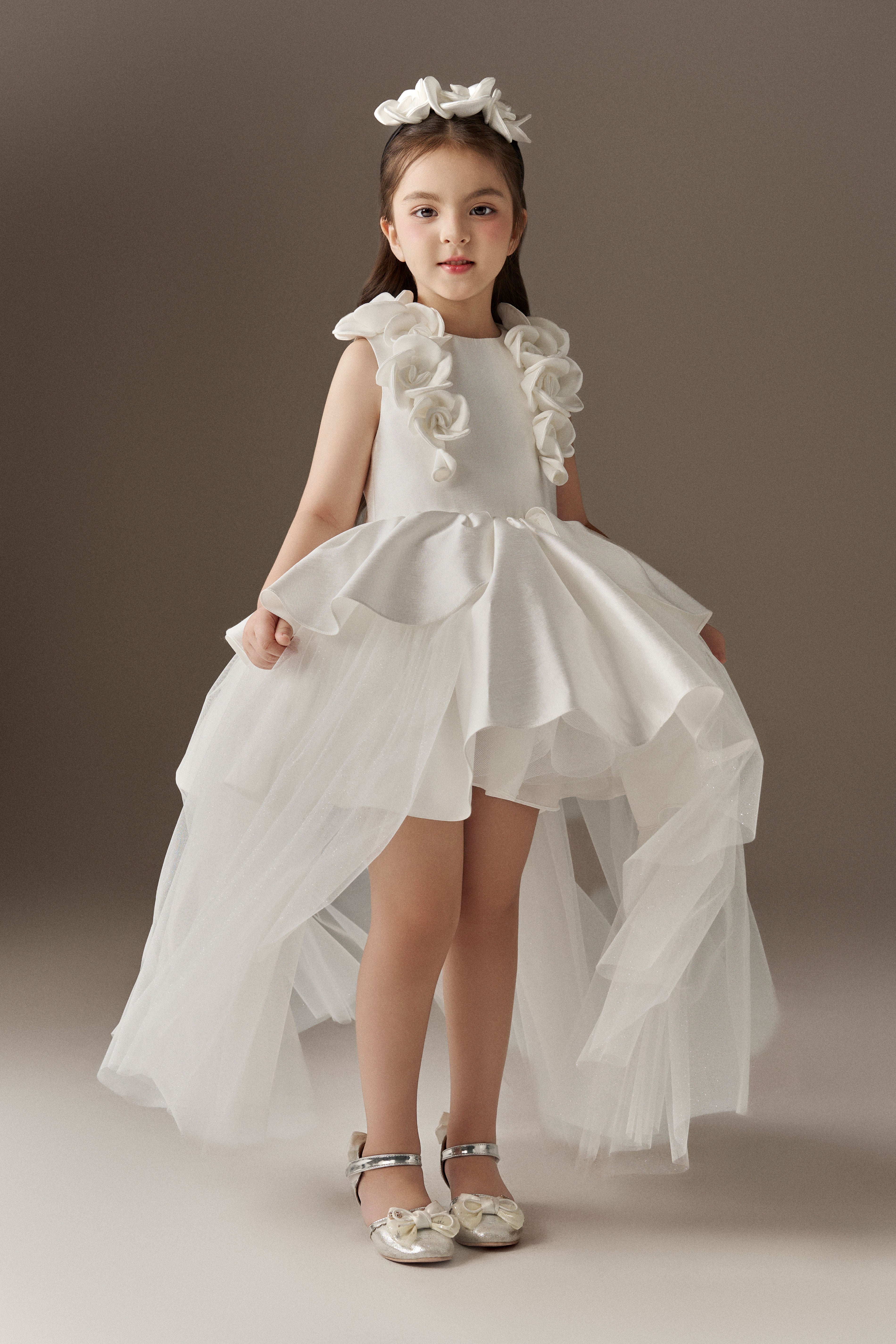 Celestia Taffeta Layered Princess Dress With Floral Headband