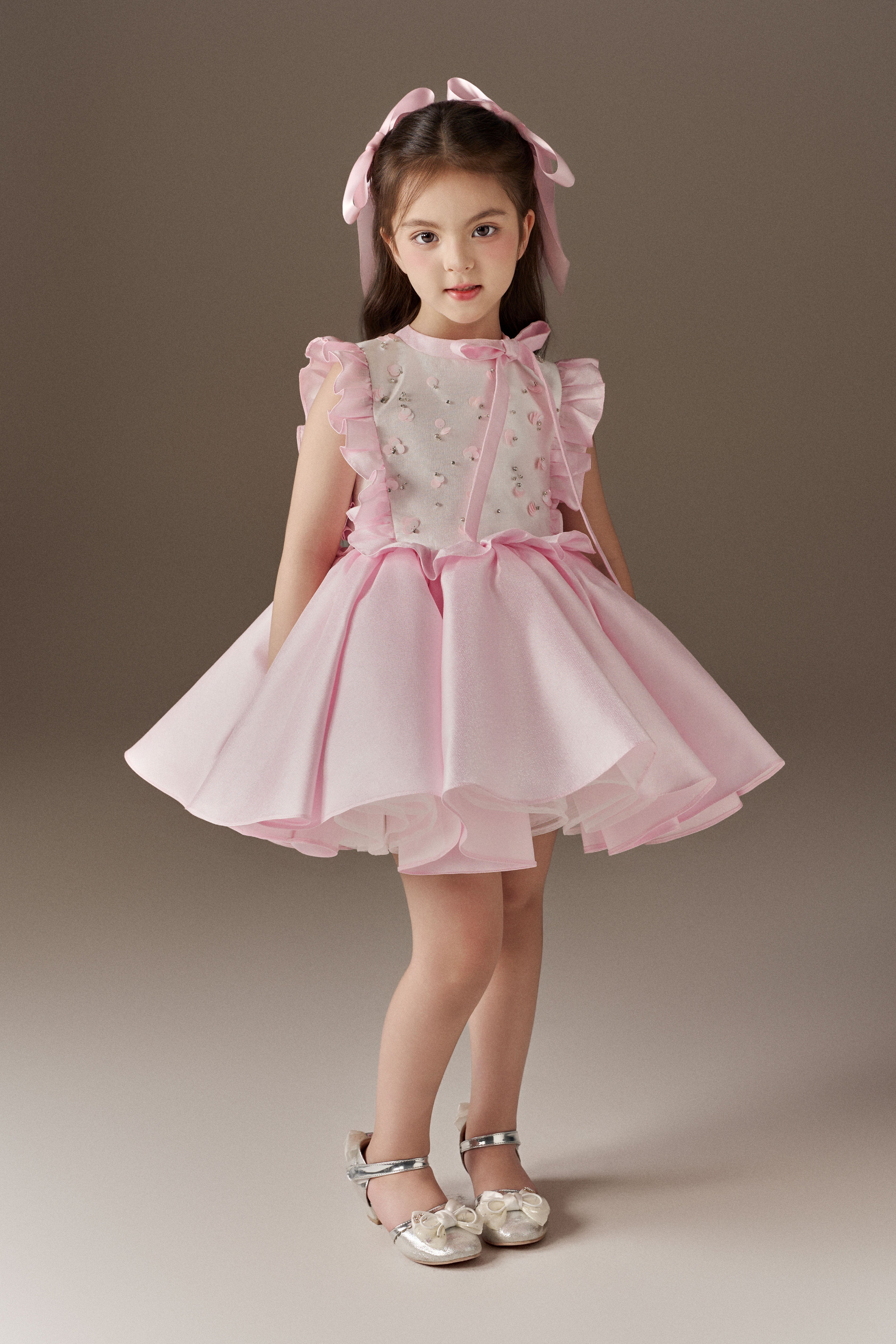 Fairy Beaded Ruffle Bow Accents Kids Dress With Hair Bow