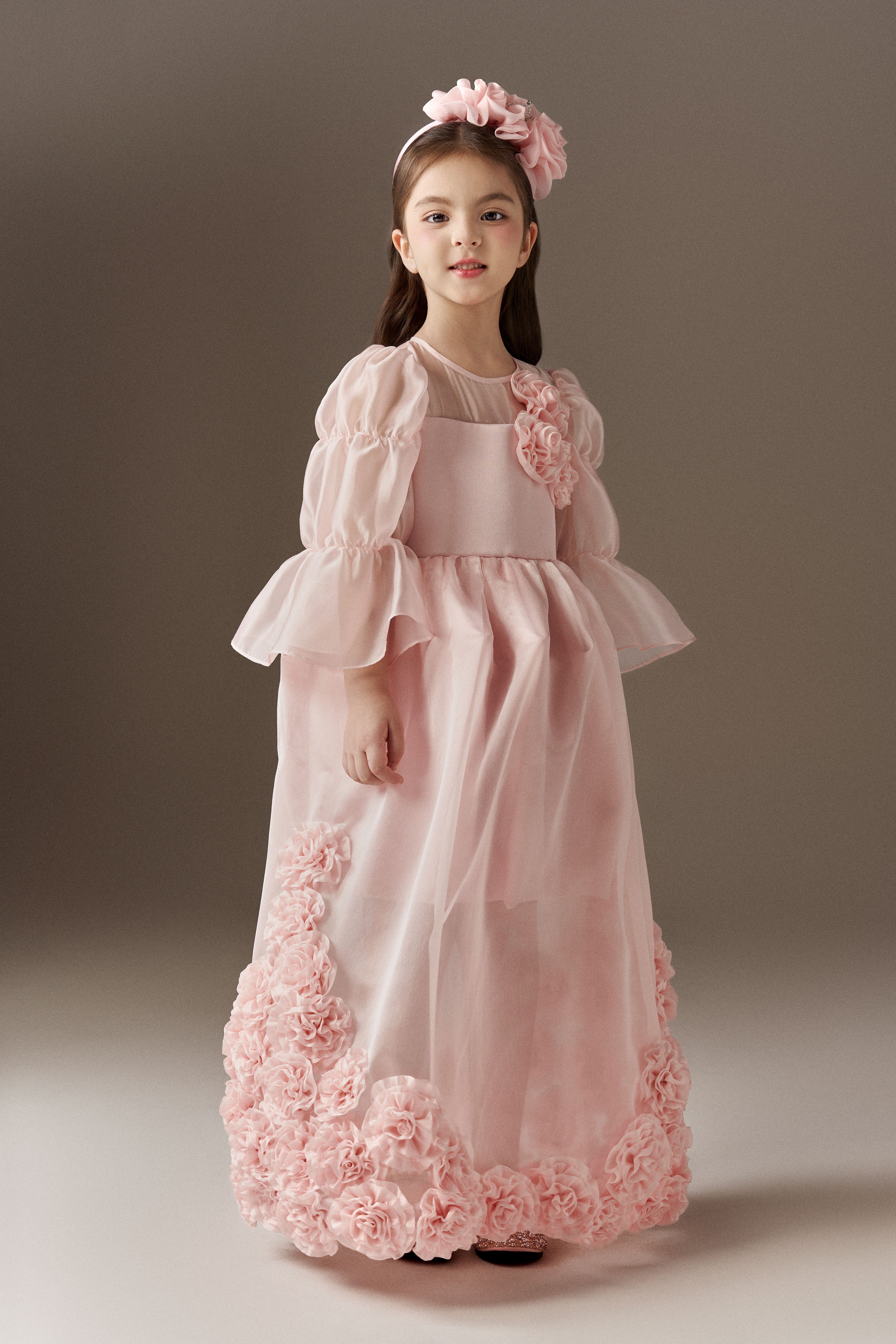Florabloom Ruffle Long Sleeve Sheer Princess Dress With Floral Headband