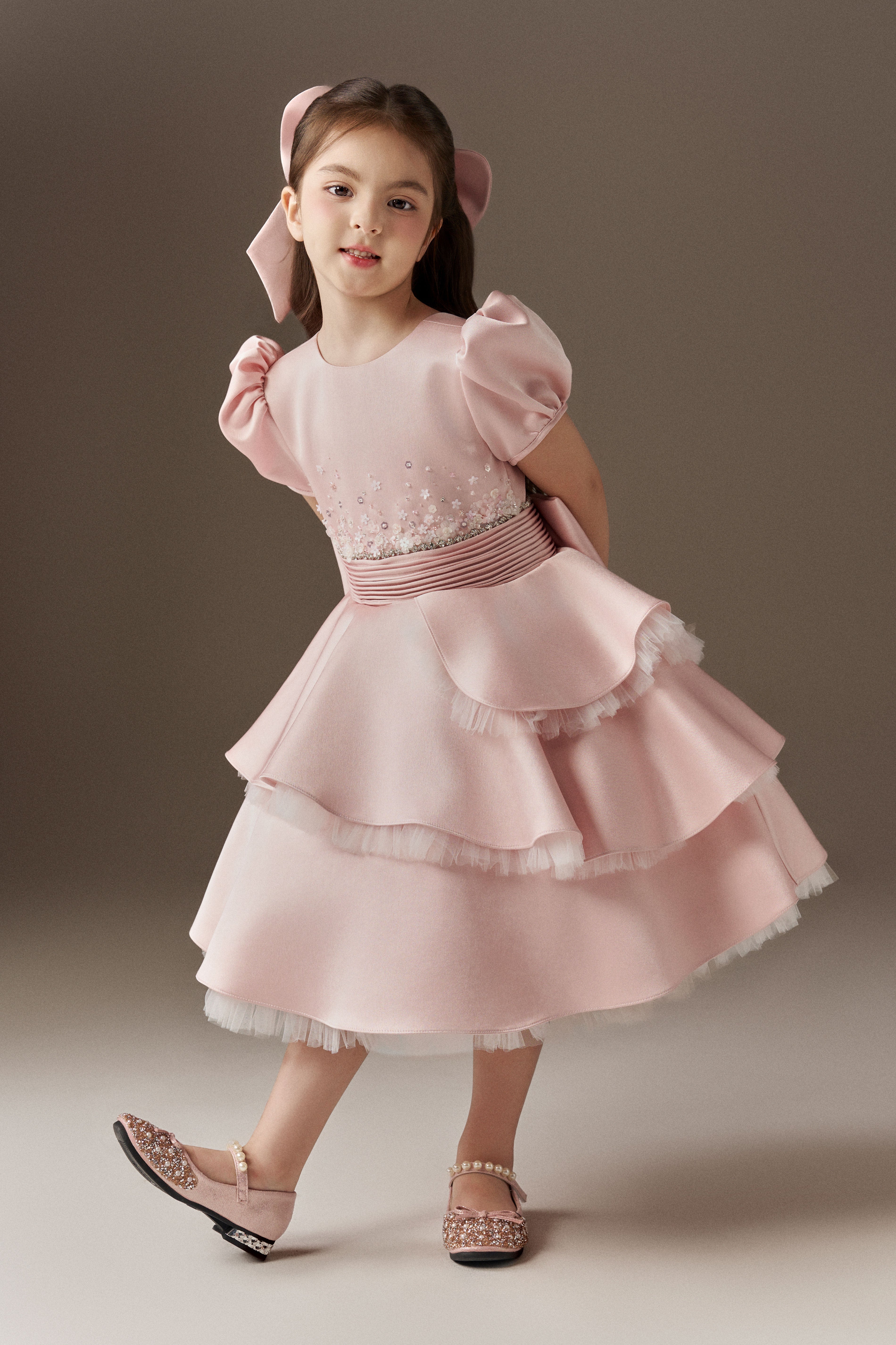 Enchanting Embellished Crystals Layered Princess Dress With Hair Bow
