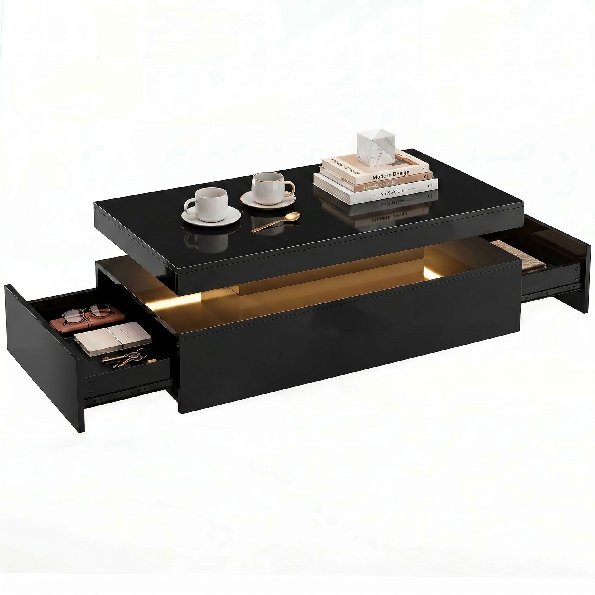 LED 2-Tier Storage Coffee Table with 2 Drawers and Open Shelf, High Gloss Black