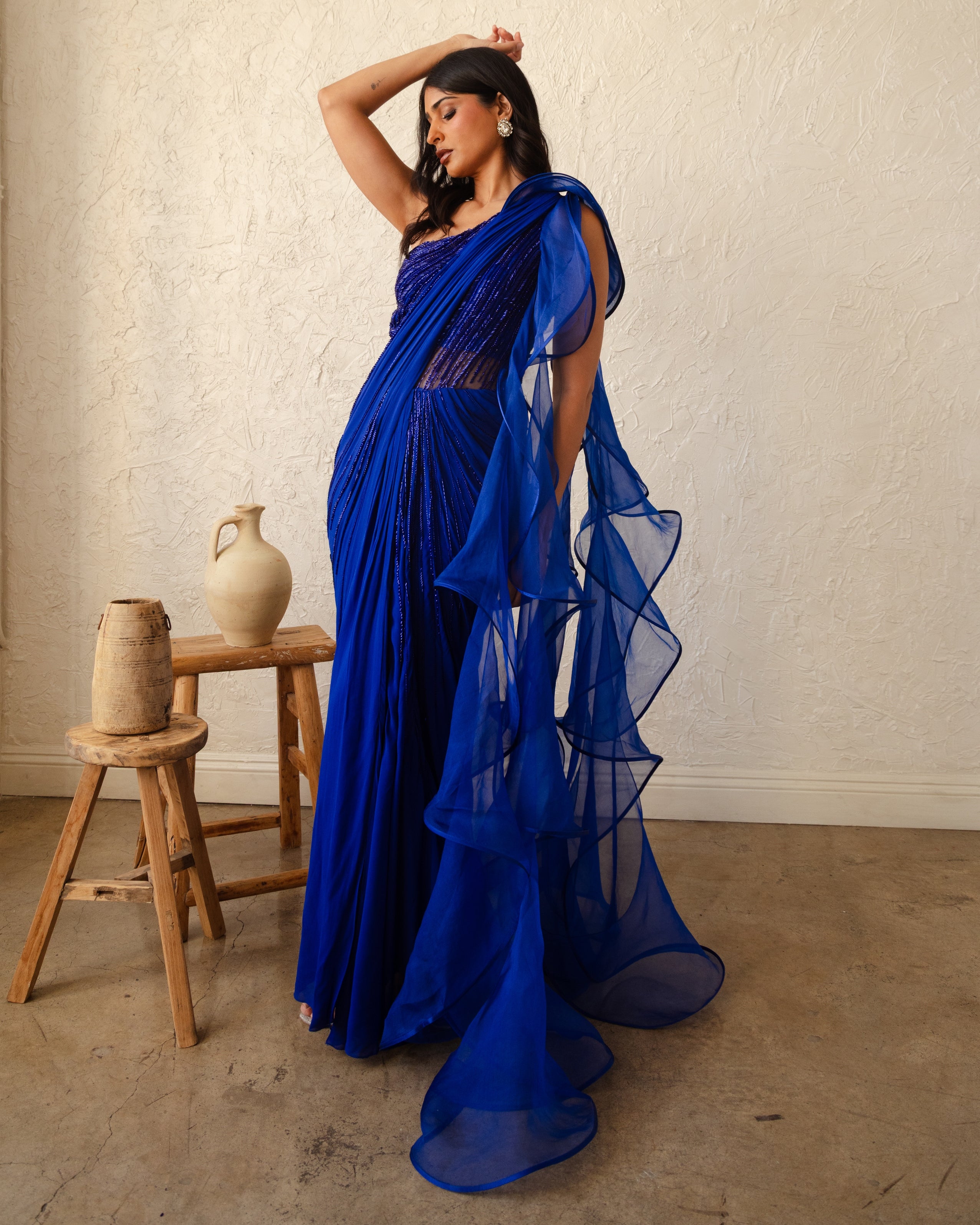 The Electric Blue Sculpt Sari Gown By KYNAH, Luxury Indian Fashion & Bridal Wear