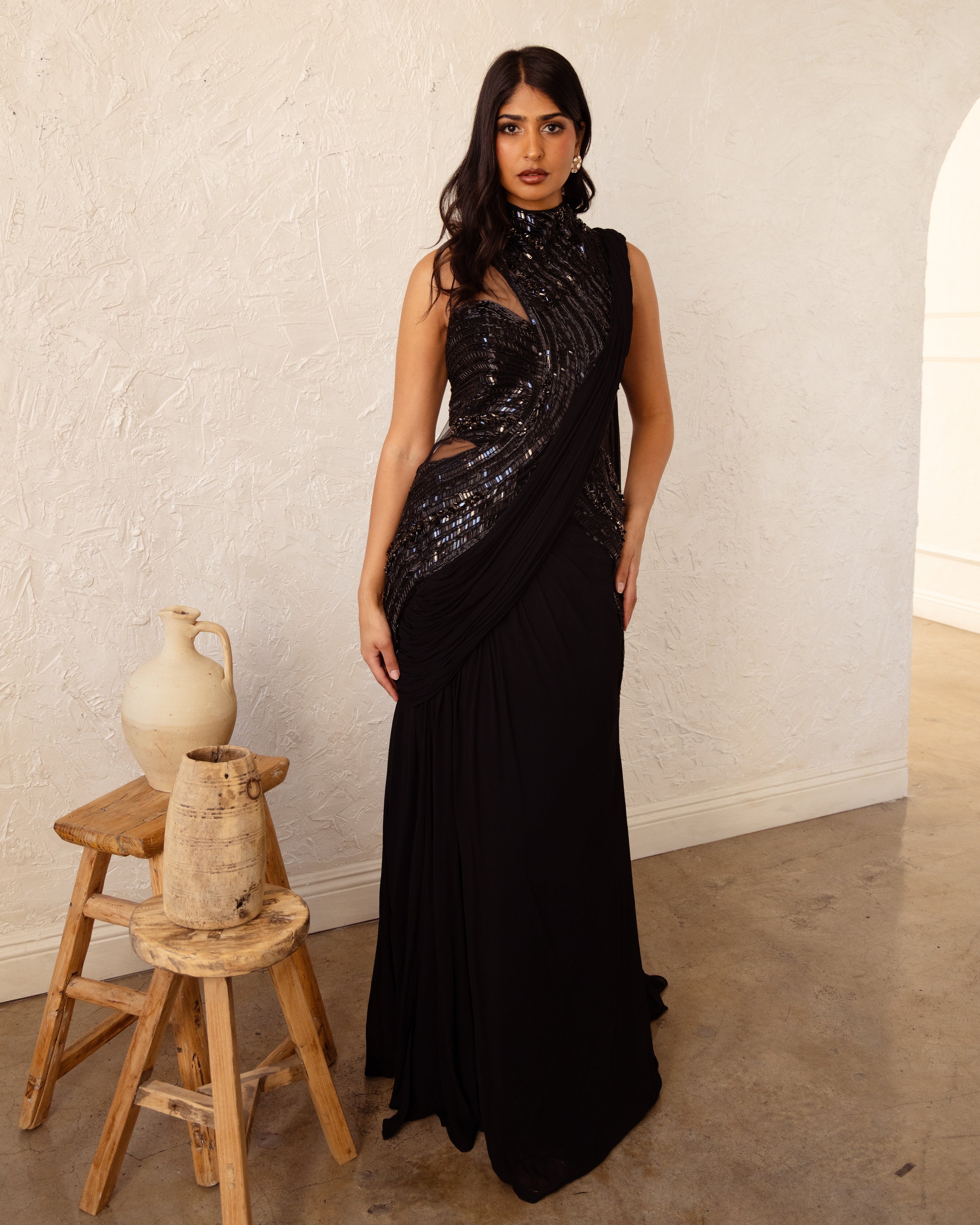 The Black Cosmic Refraction Sari Gown By KYNAH, Luxury Indian Fashion & Bridal Wear