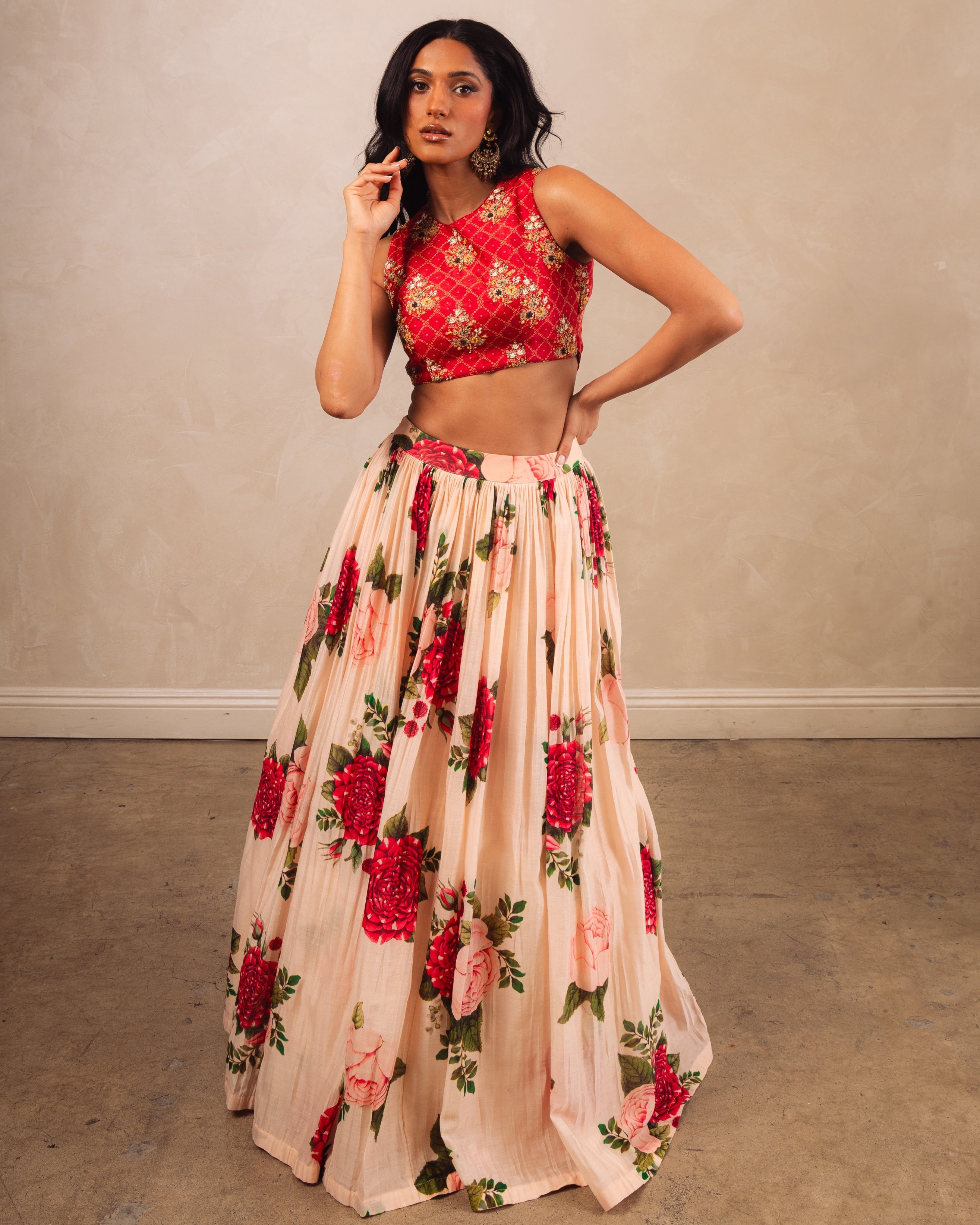Red Printed Crop Top And A Peach Printed Skirt By KYNAH, Luxury Indian Fashion & Bridal Wear