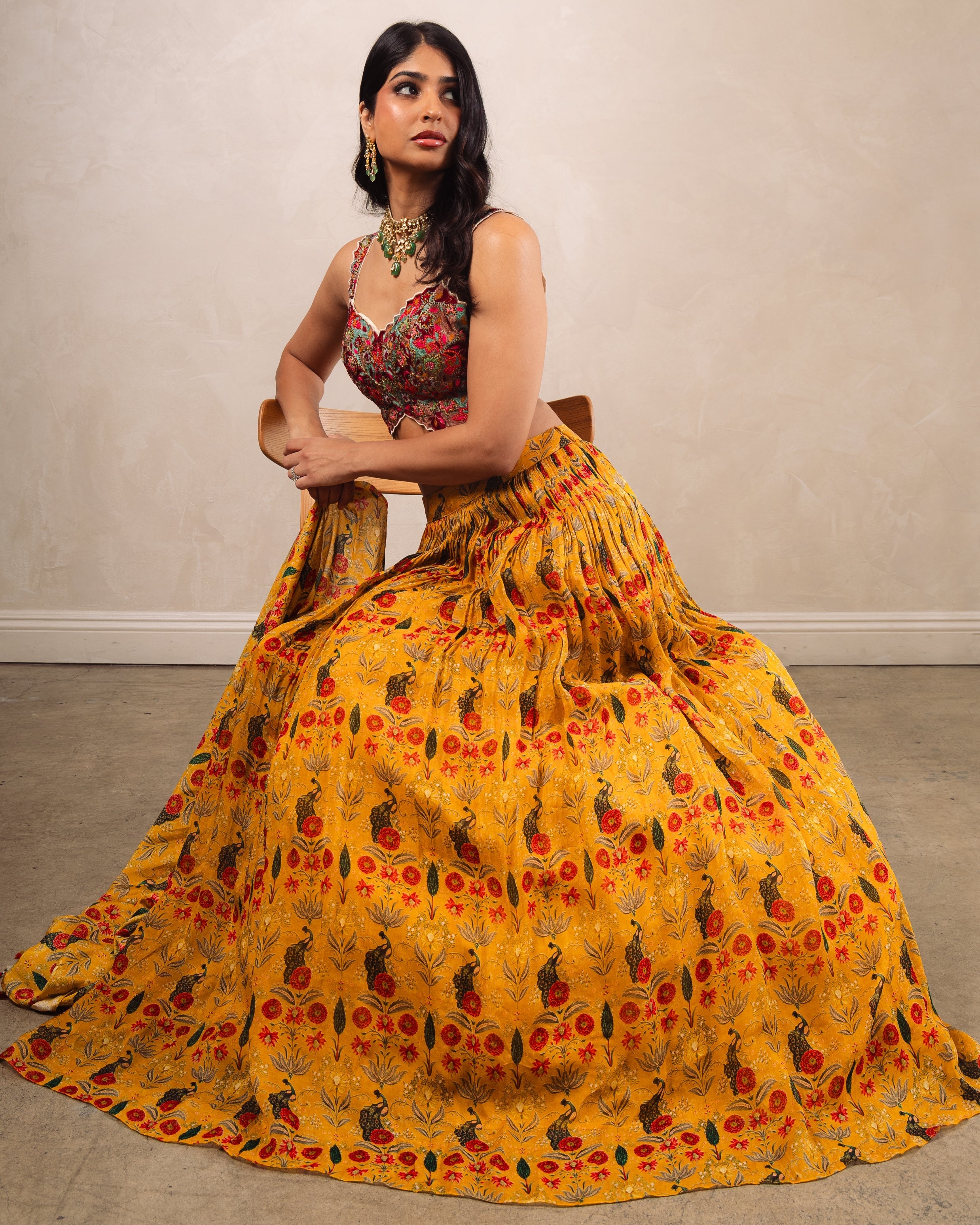 Beige Bustier With Mustard Gathering Skirt By KYNAH, Luxury Indian Fashion & Bridal Wear