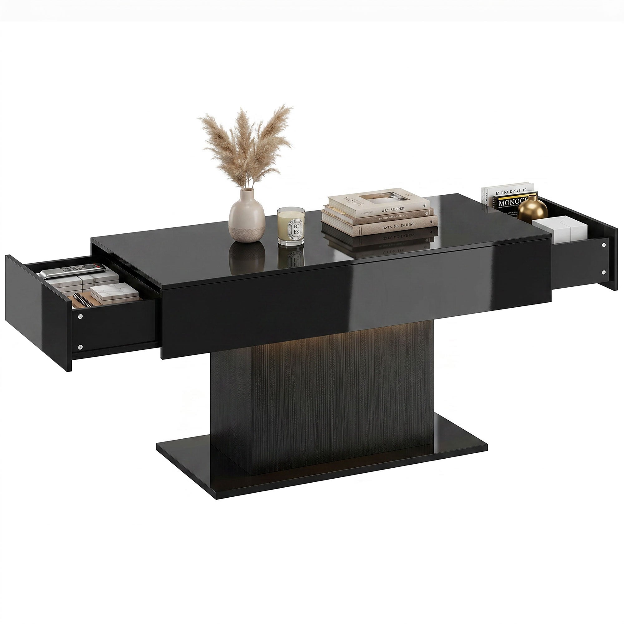 LED Coffee Table with Storage, High-Gloss, 2 Drawers and Remote Control, Black