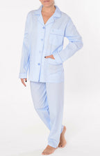 Pijama Mujer Largo Solapa Algodón Popelín Rayas - Azul 0201_30