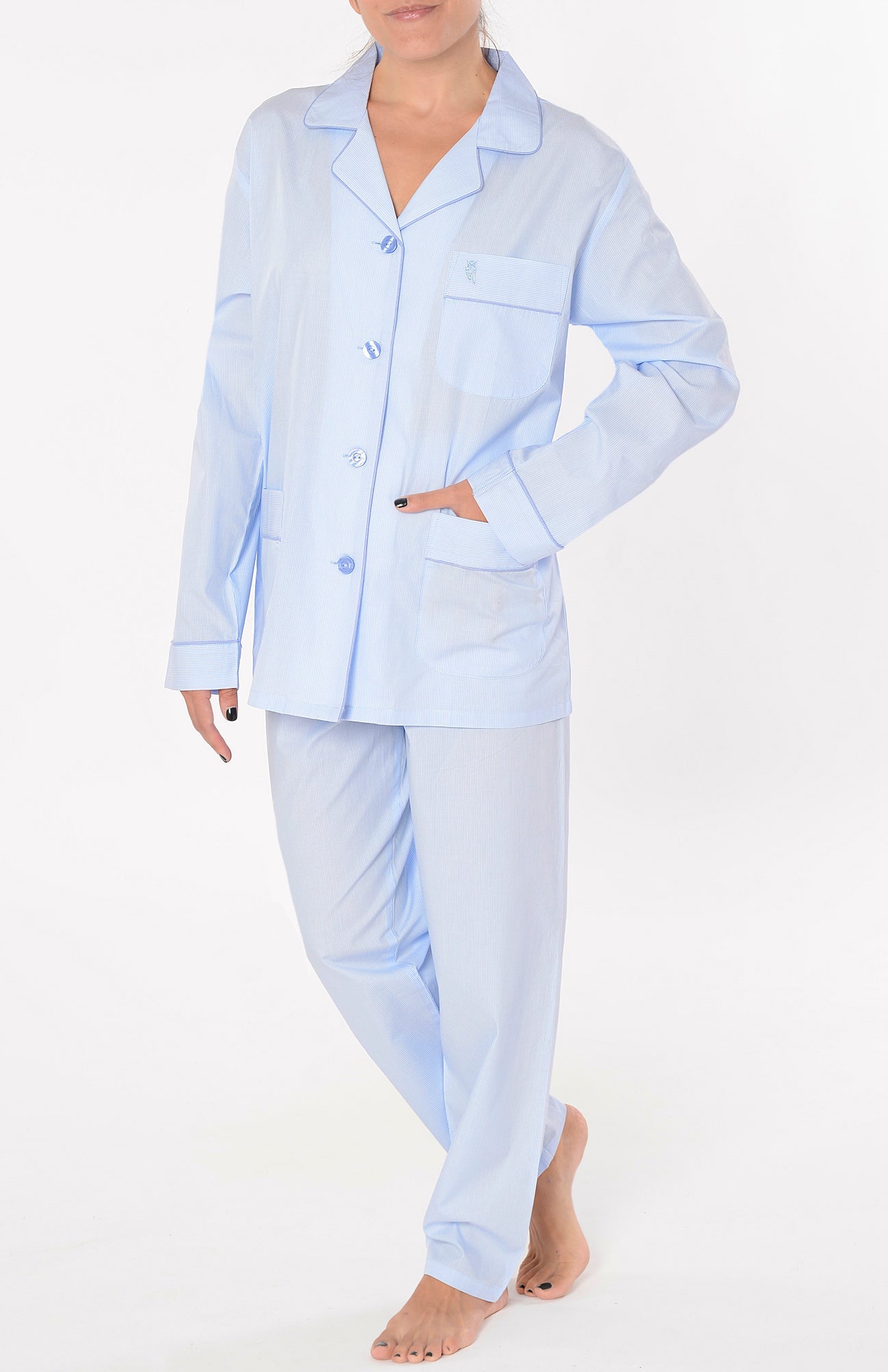 Pijama Mujer Largo Solapa Algodón Popelín Rayas - Azul 0201_30