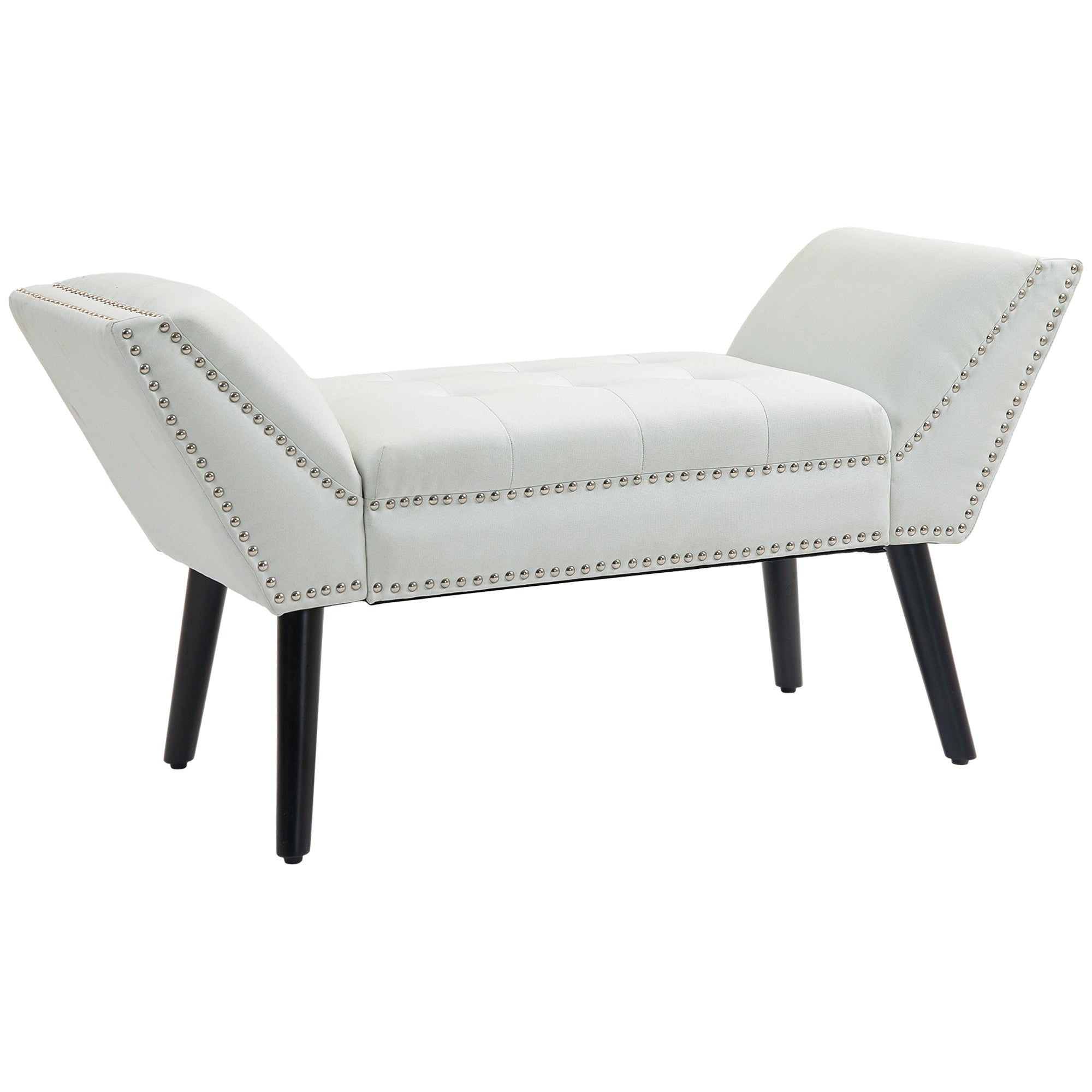 Tufted End of Bed Bench with Arms and Nailhead Trim, Linen Fabric Bedroom Bench, Cream White