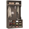 4-In-1 Hall Tree with Bench and Shoe Storage, Farmhouse Entryway Coat Rack Shoe Bench with 12 Shoe Cubbies, 6 Hooks and Open Shelf for Hallway, Dark Brown