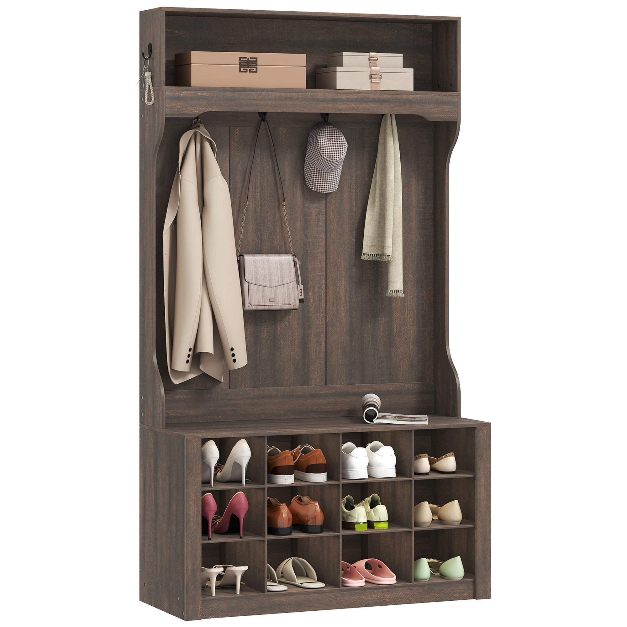 4-In-1 Hall Tree with Bench and Shoe Storage, Farmhouse Entryway Coat Rack Shoe Bench with 12 Shoe Cubbies, 6 Hooks and Open Shelf for Hallway, Dark Brown