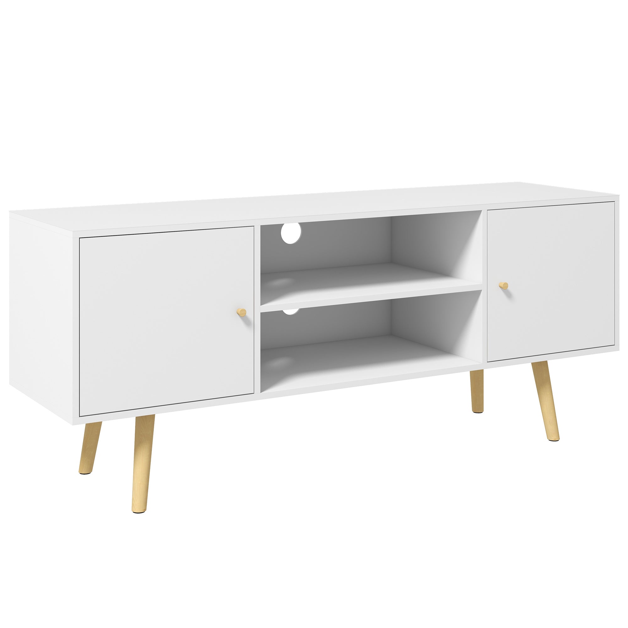 TV Stand Cabinet for TVs up to 55'' with Storage Shelves and Wood Legs, White
