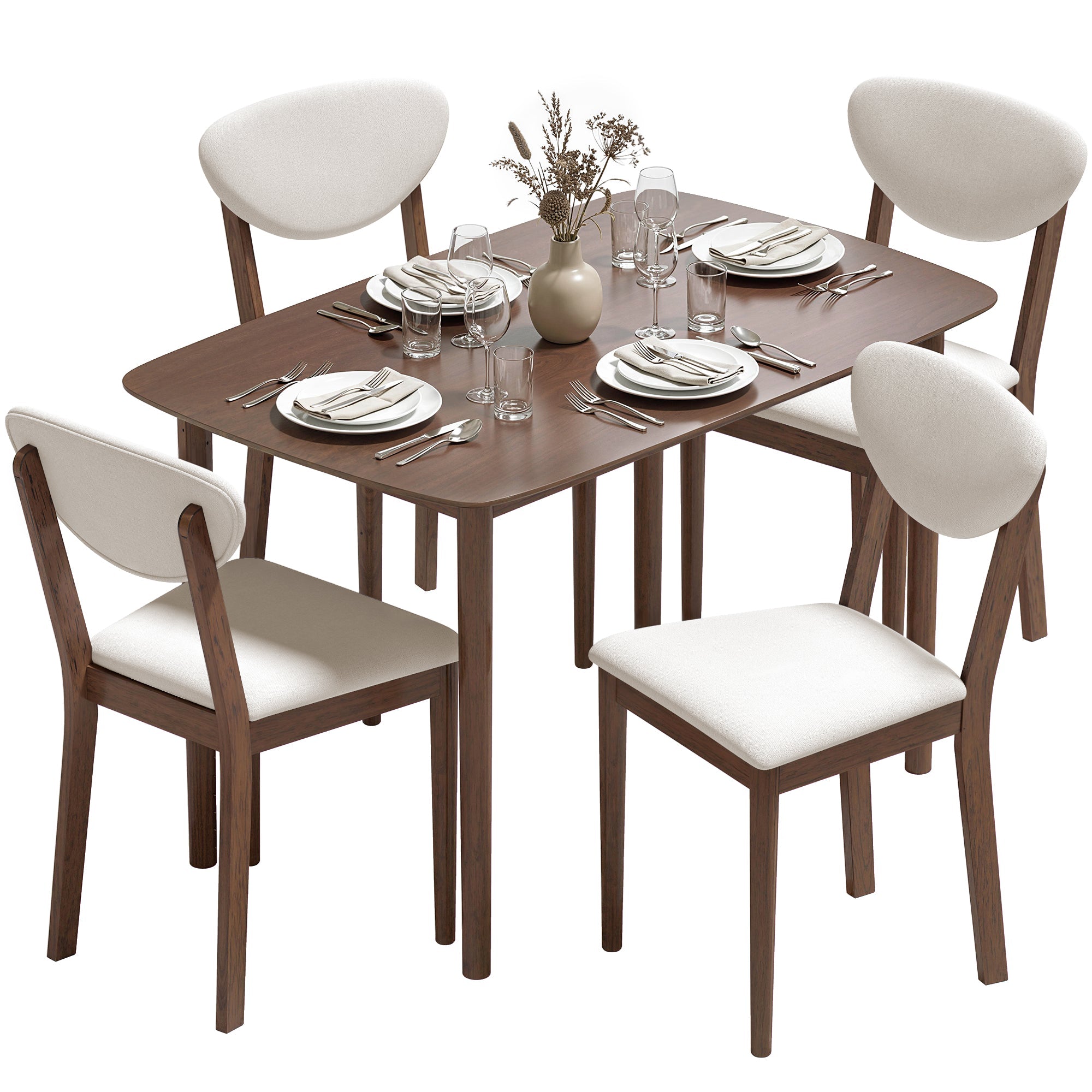 5-Piece Dining Set for 4 with Padded Chairs and Solid Wood Table, Cream White