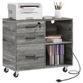 3 Drawer File Cabinet w/ Open Shelf, Charging Station & USB Ports, Mobile Printer Stand, Grey