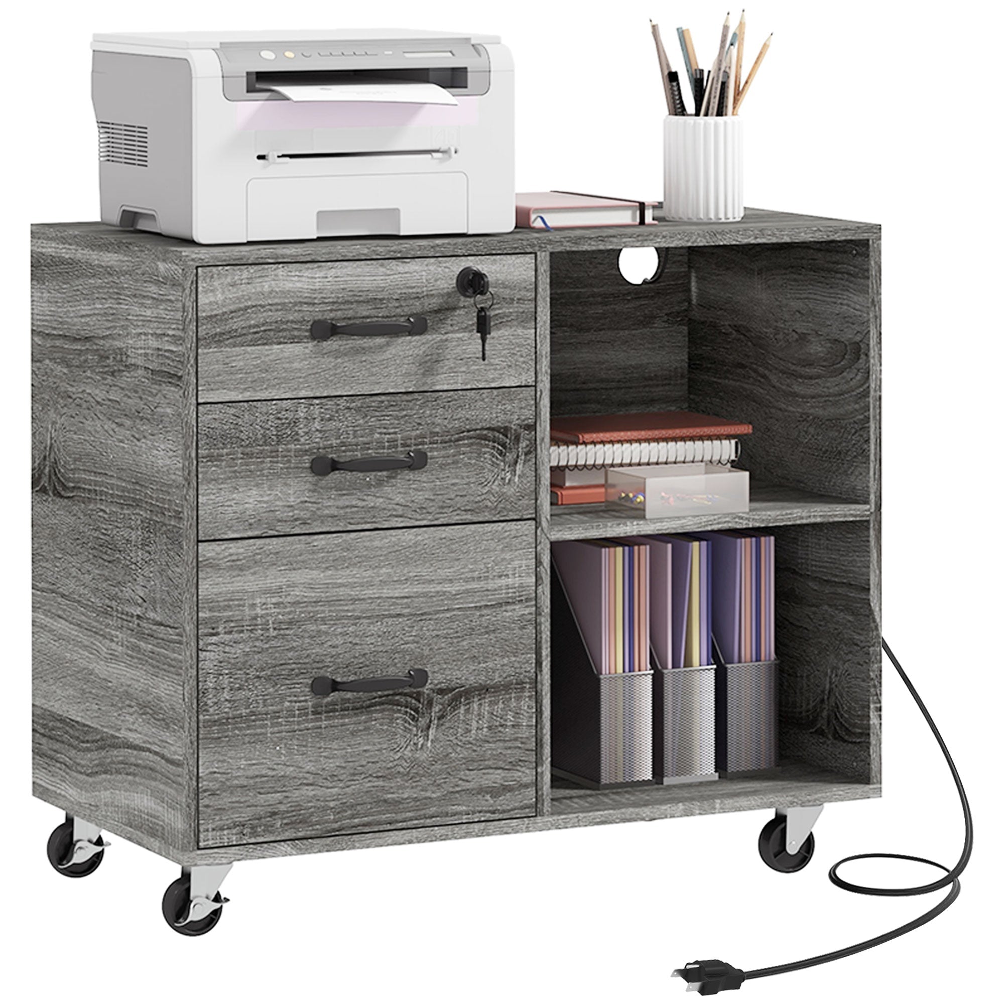 3 Drawer File Cabinet w/ Open Shelf, Charging Station & USB Ports, Mobile Printer Stand, Grey