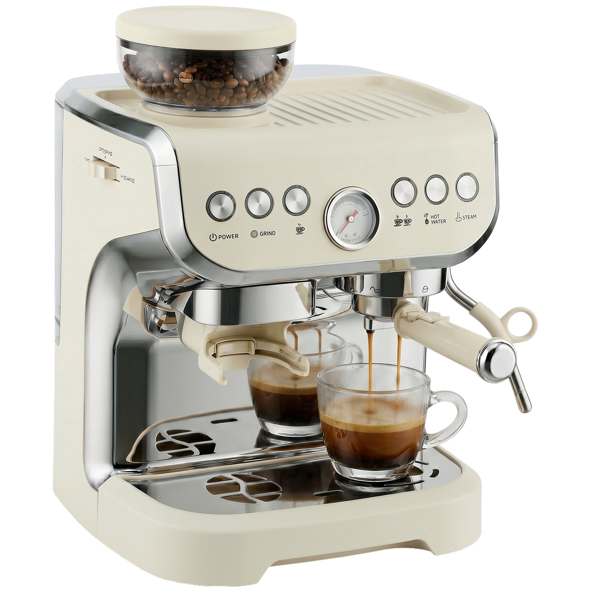 Bean to Cup Espresso Machine with Integrated Grinder & Steam Wand, 15 Bar Pump, 2L Tank, Stainless Steel, Cream White