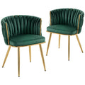 Velvet-Feel Dining Chairs Set of 2 with Woven Backrest and Armrests, Dark Green