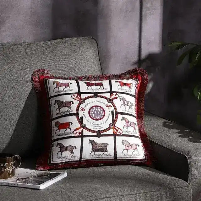 Land of the Horses Fringed Velvet Throw Pillow Cover