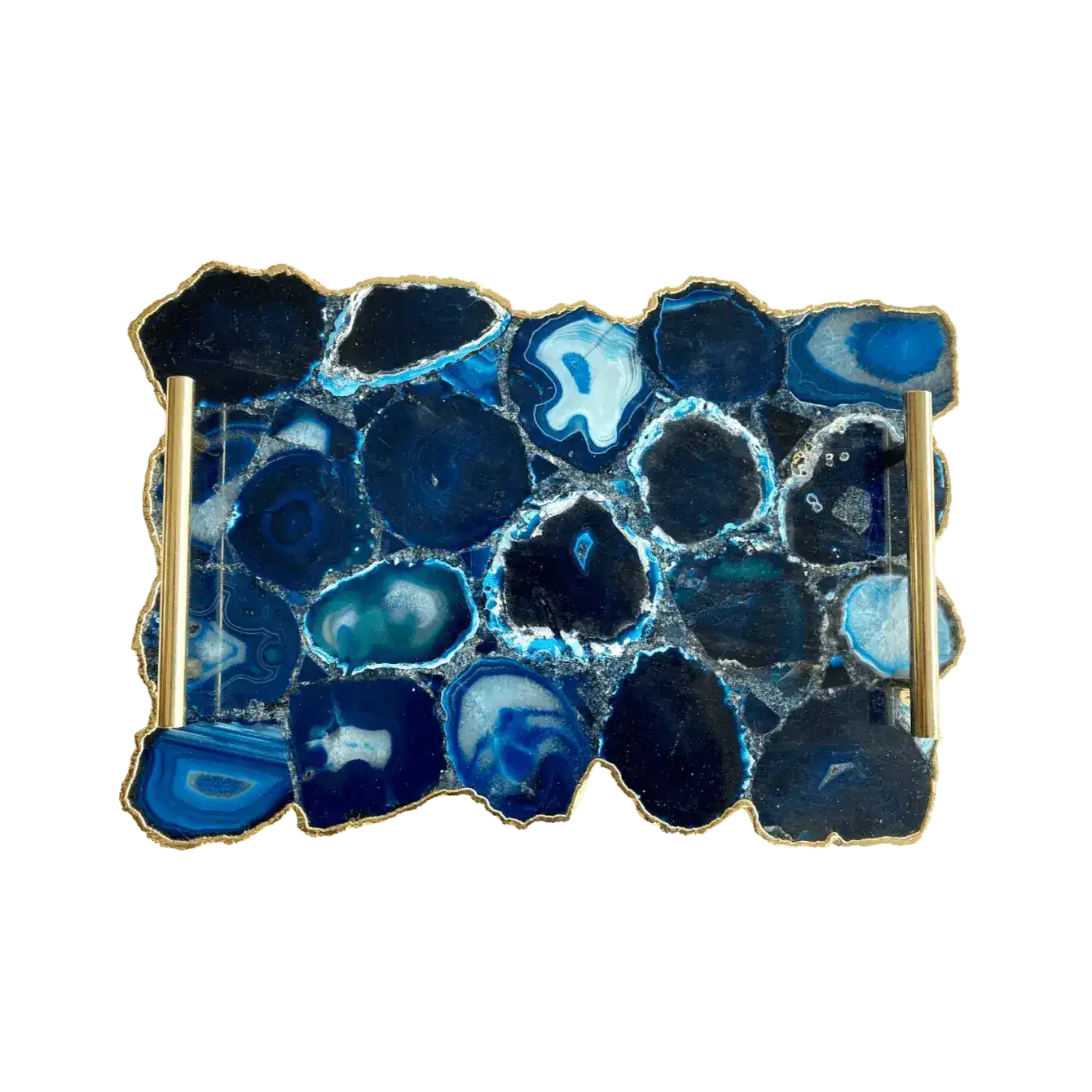 Large Blue Agate Serving Tray With Brass Handles