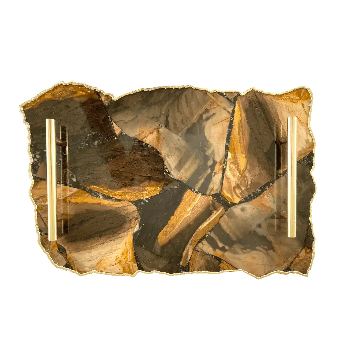 Large Brown Agate Serving Tray With Brass Handles