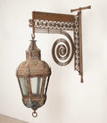 Late 19th Century French Tole Hanging Lantern with Wrought Iron Bracket By Sister Parish Design