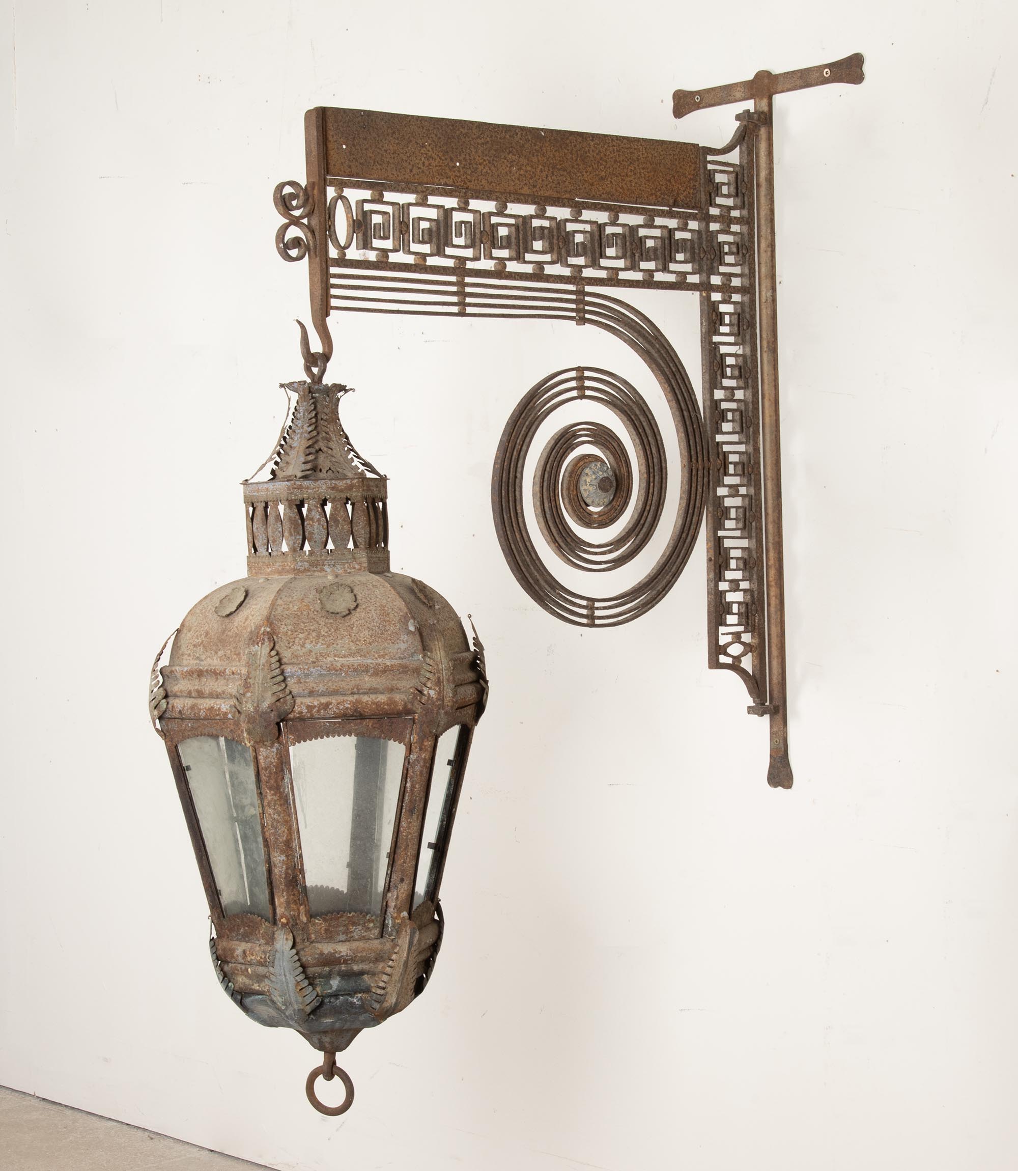 Late 19th Century French Tole Hanging Lantern with Wrought Iron Bracket By Sister Parish Design