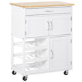 Rolling Kitchen Island with 9 Bottle Wine Rack and Storage Cabinets, White
