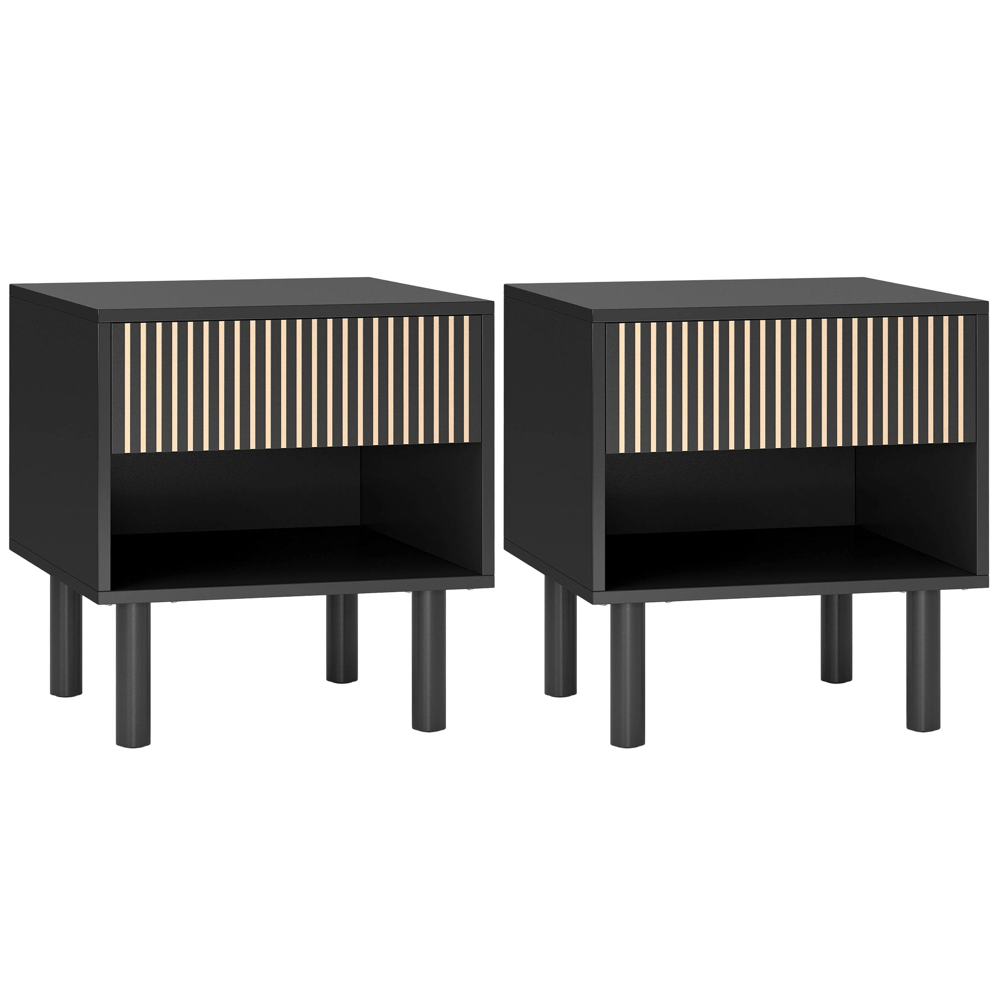 Set of 2 Modern Nightstands with Drawer & Open Shelf for Bedroom, Black